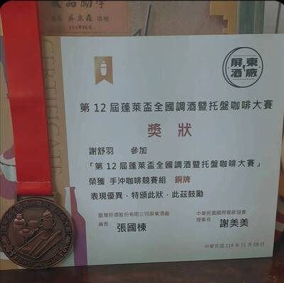 =恭賀=本系休憩一A謝O羽同學榮獲第12屆蓬萊盃全國調酒暨托盤咖啡大賽_銅牌圖片